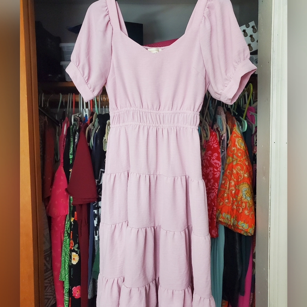 Lilac pink dress with empire waist, tiered skirt